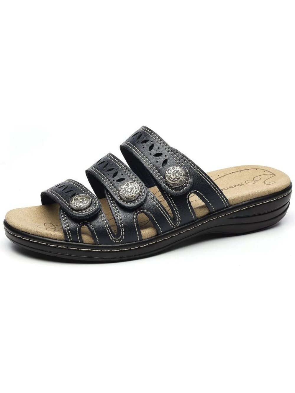 Women's Comfort Leather Slides Flat Sandals Navy Slip On Casual Walking Slippers - Picture 2 of 6